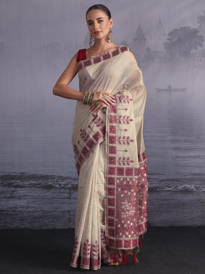 Libas Beige Floral Woven Design Silk Blend Saree