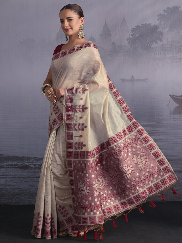 Libas Beige Floral Woven Design Silk Blend Saree