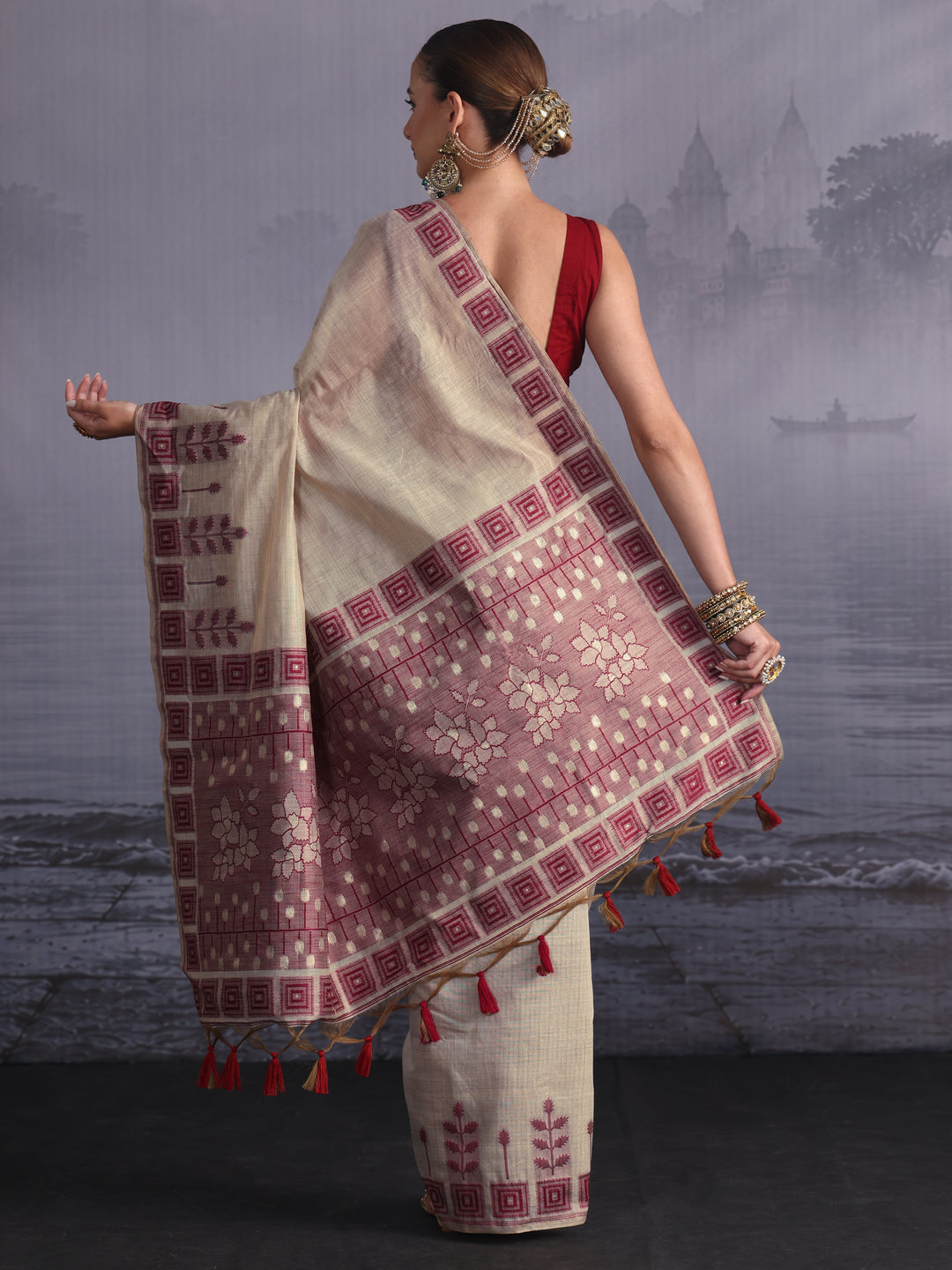 Libas Beige Floral Woven Design Silk Blend Saree