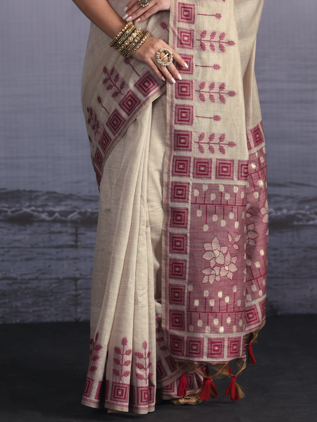 Libas Beige Floral Woven Design Silk Blend Saree
