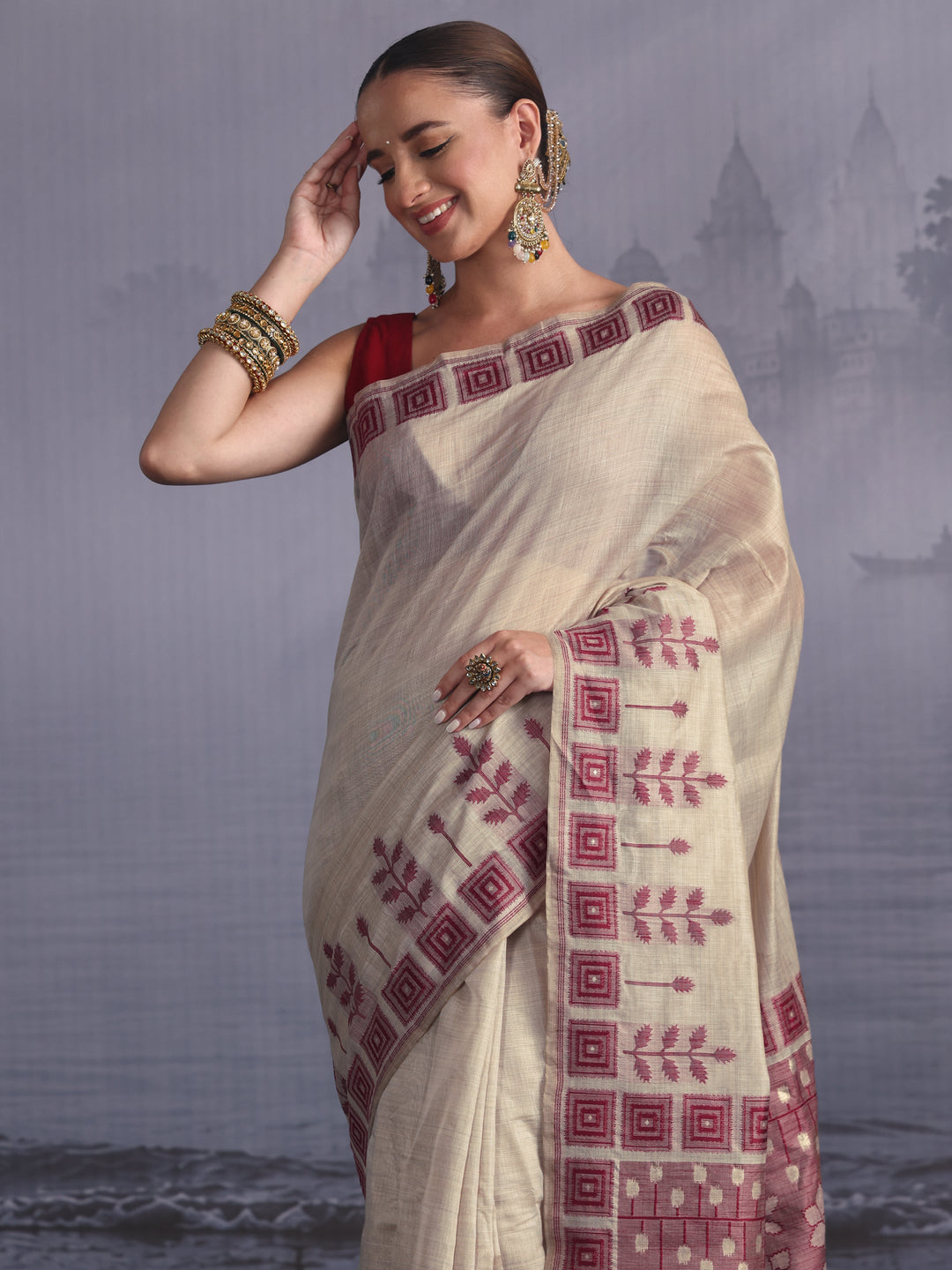 Libas Beige Floral Woven Design Silk Blend Saree