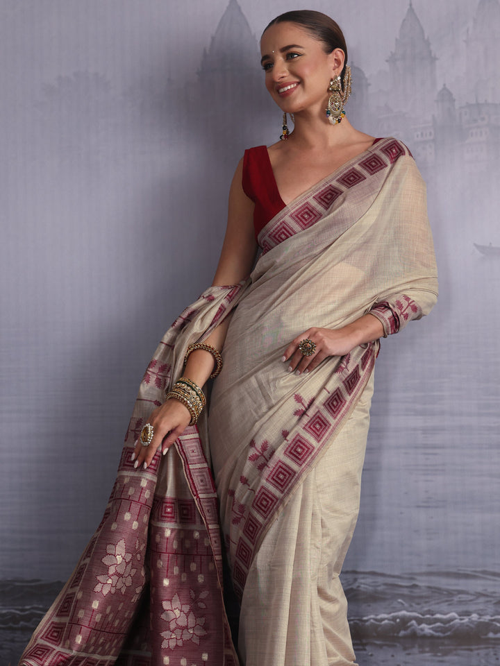 Libas Beige Floral Woven Design Silk Blend Saree