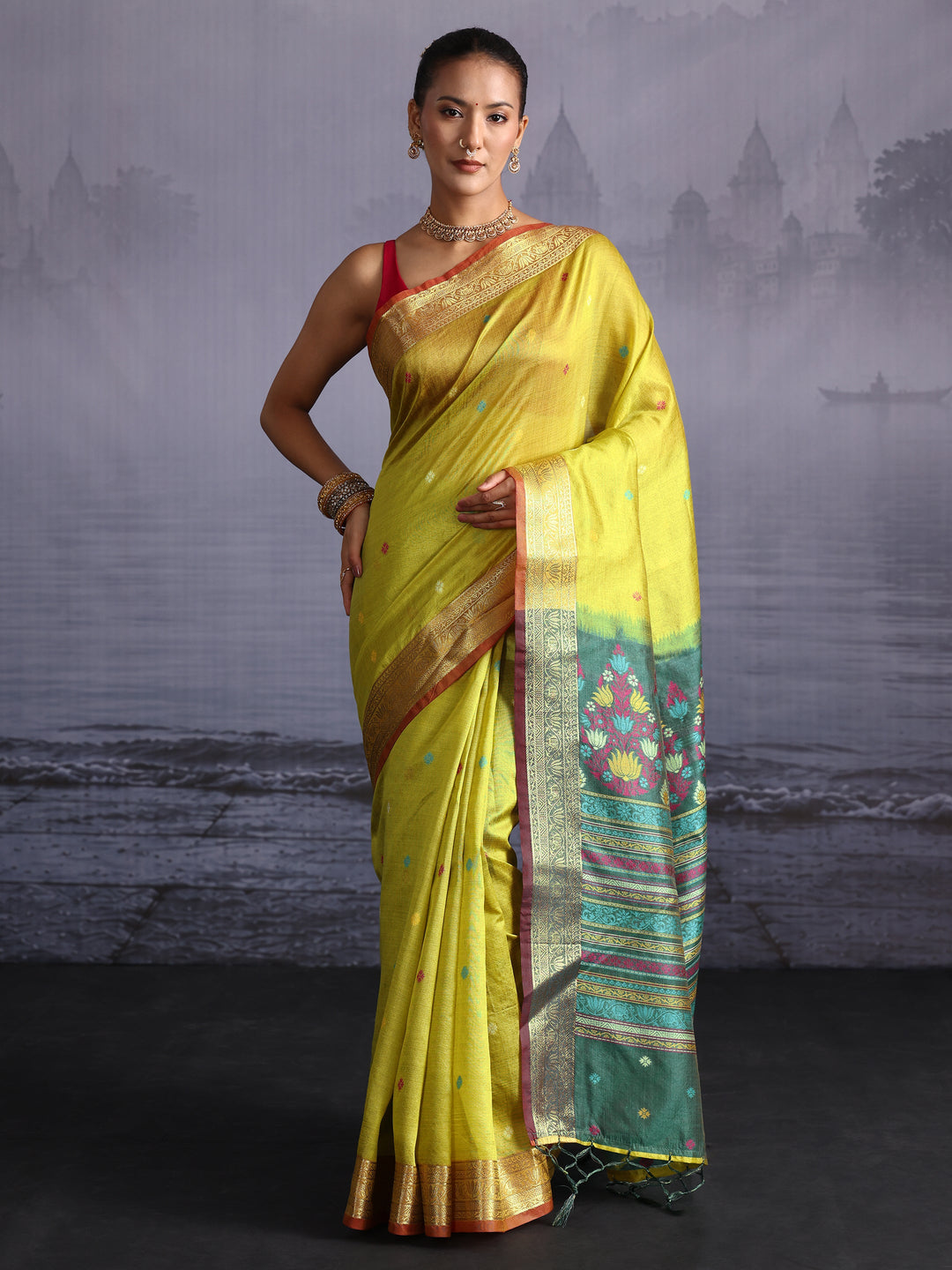 Libas Lime Green Silk Blend Saree with Floral Woven Pallu