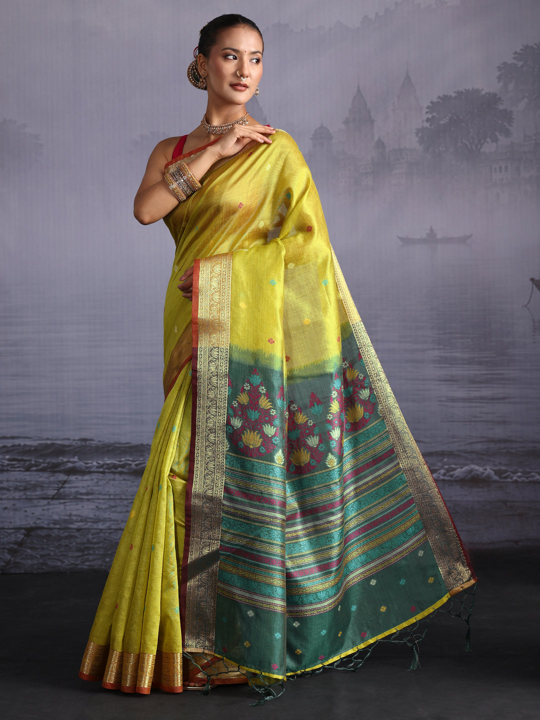 Libas Lime Green Silk Blend Saree with Floral Woven Pallu