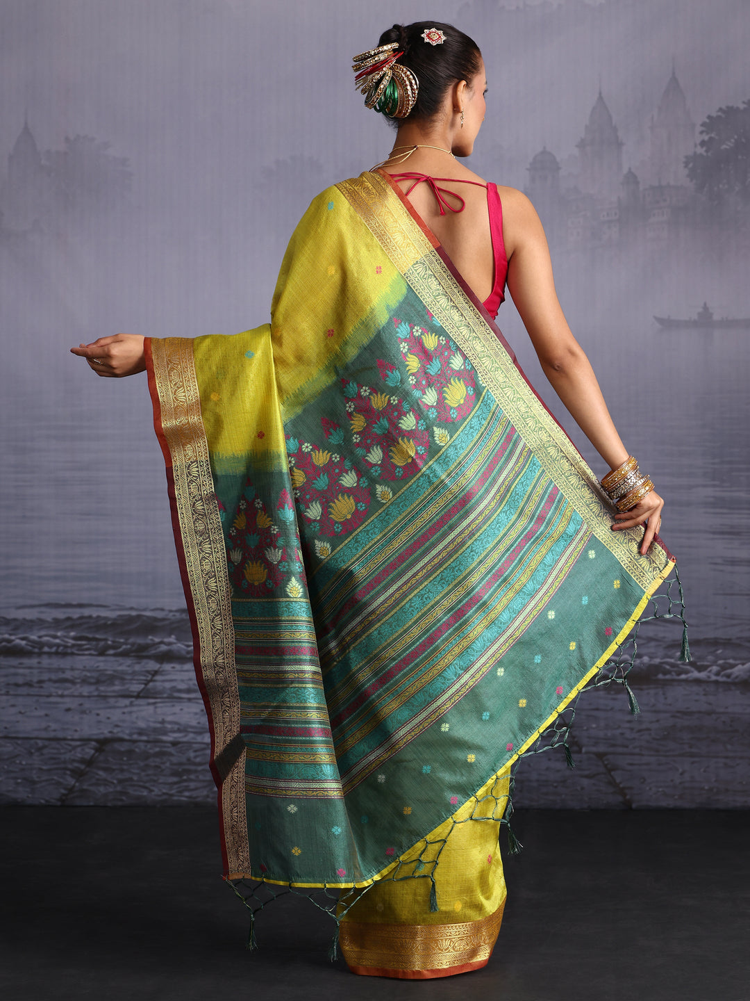 Libas Lime Green Silk Blend Saree with Floral Woven Pallu