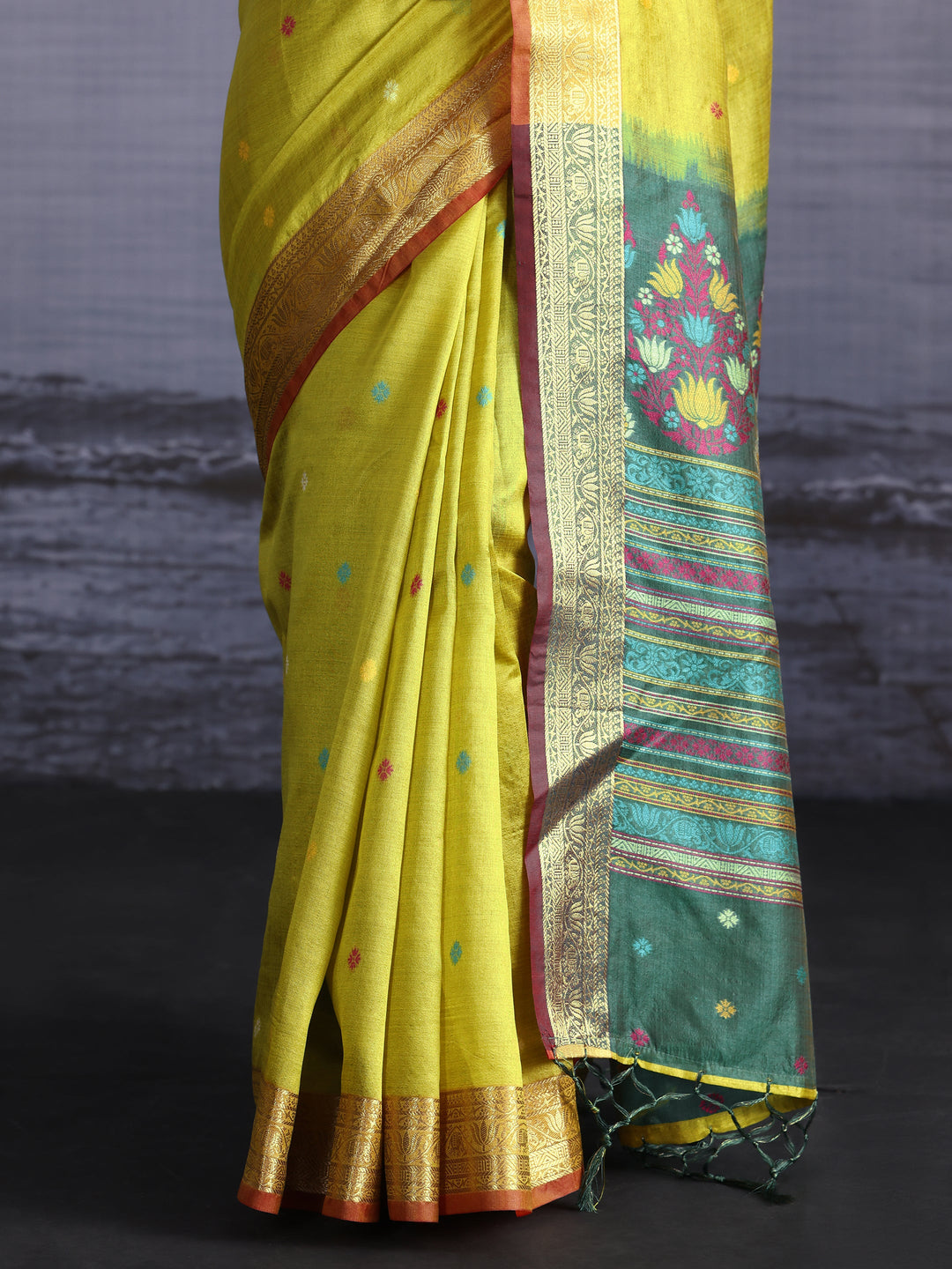 Libas Lime Green Silk Blend Saree with Floral Woven Pallu