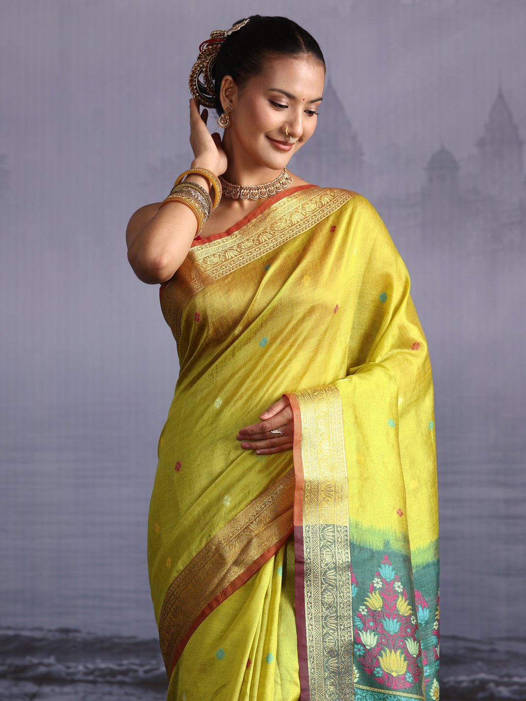 Libas Lime Green Silk Blend Saree with Floral Woven Pallu