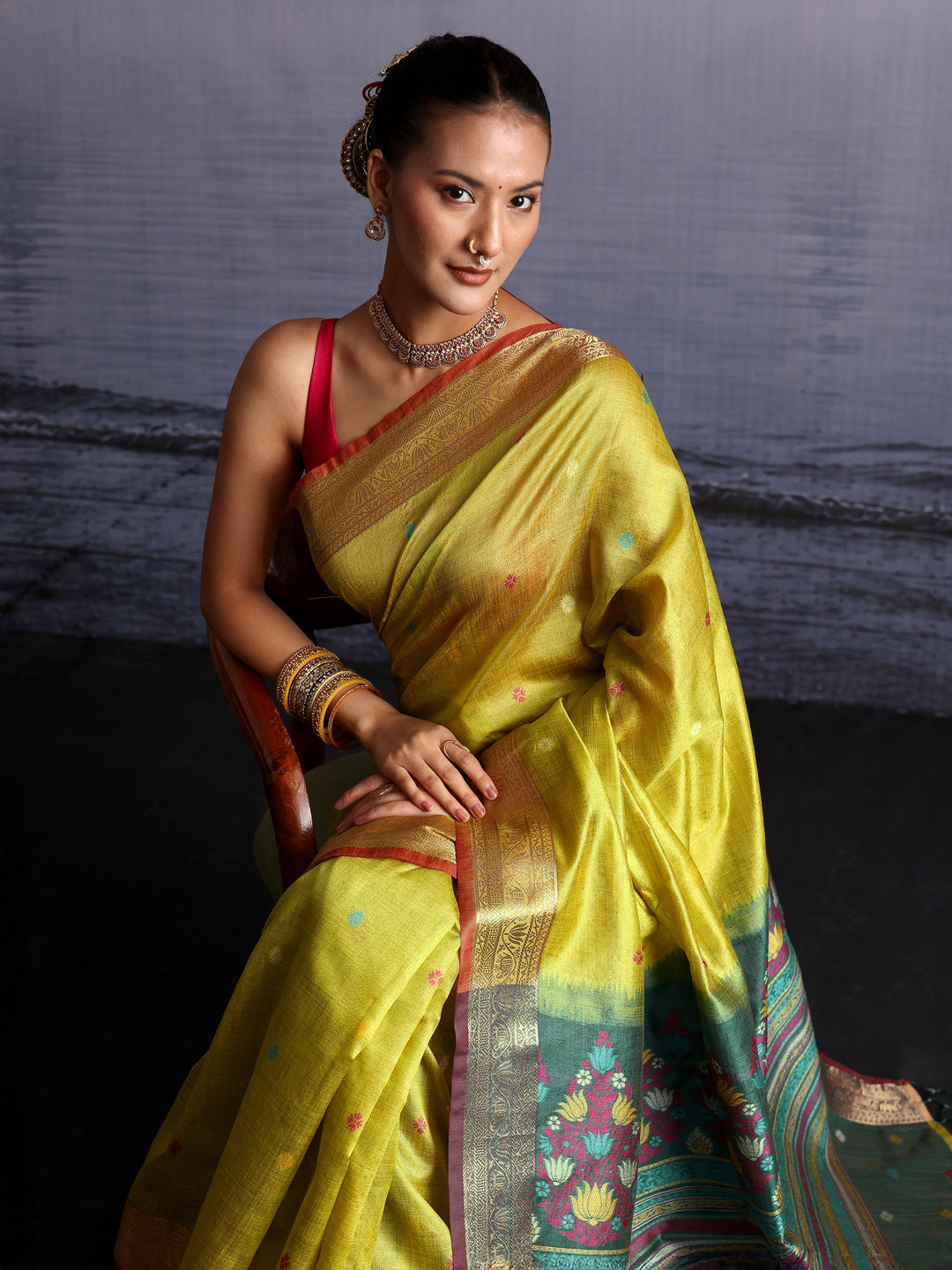 Libas Lime Green Silk Blend Saree with Floral Woven Pallu