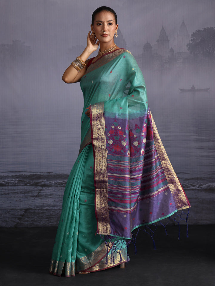 Libas Sea Green Silk Blend Saree with Floral Woven Pallu