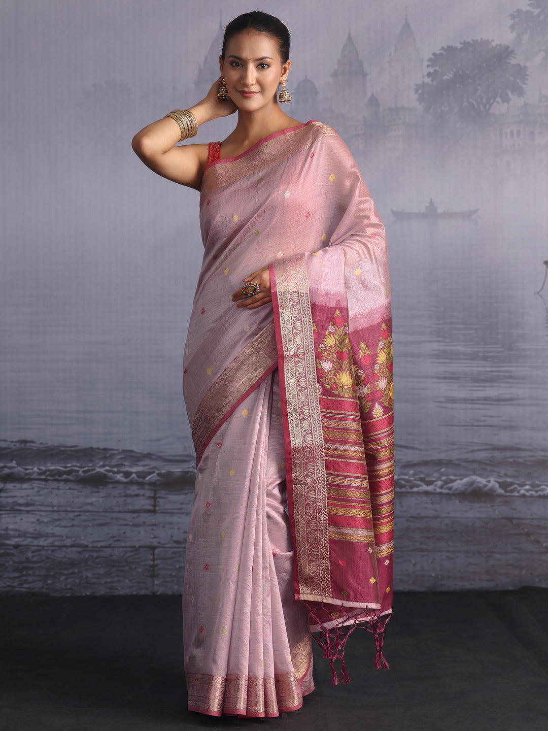 Libas Lavender Silk Blend Saree with Floral Woven Pallu