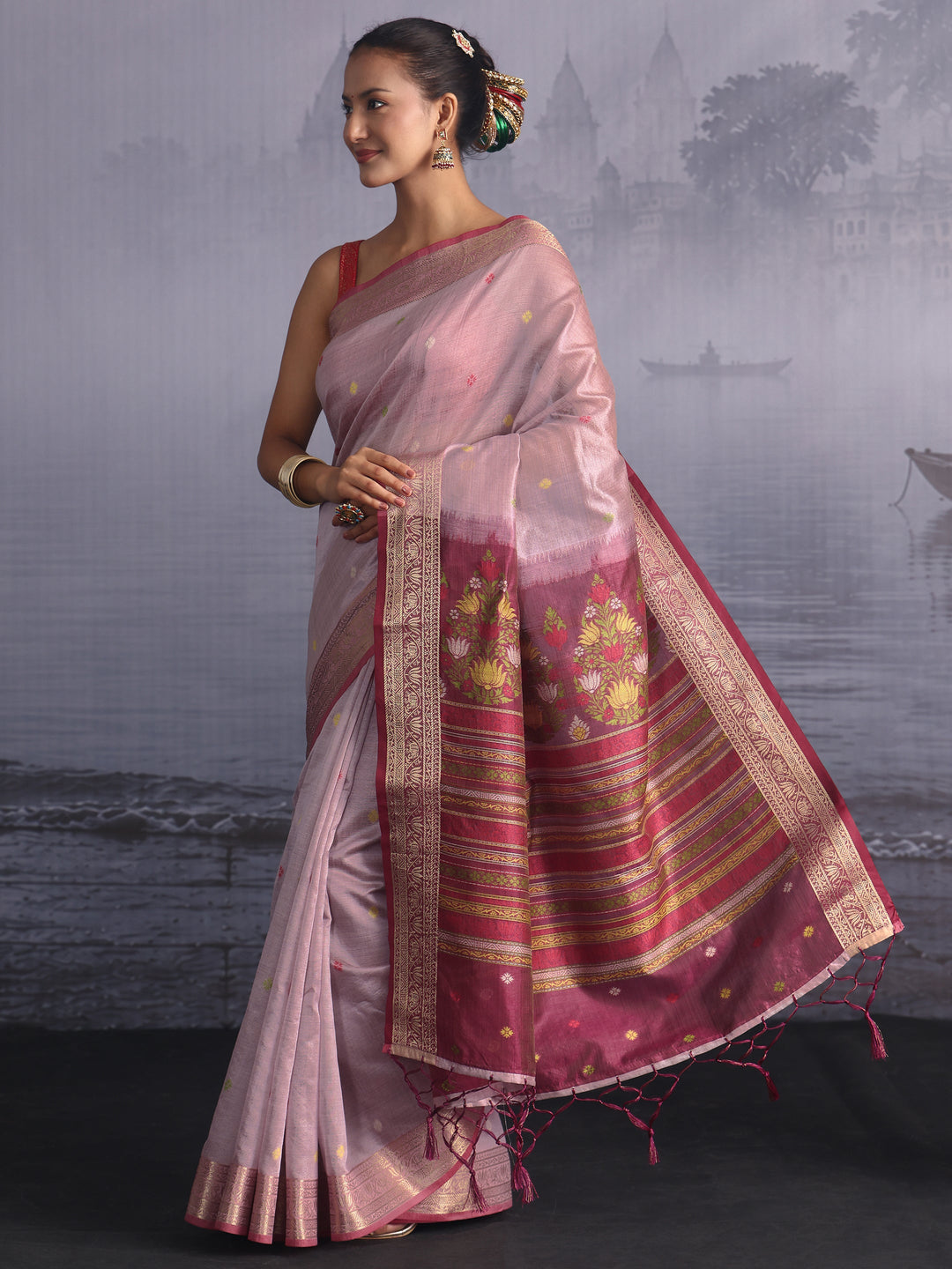Libas Lavender Silk Blend Saree with Floral Woven Pallu