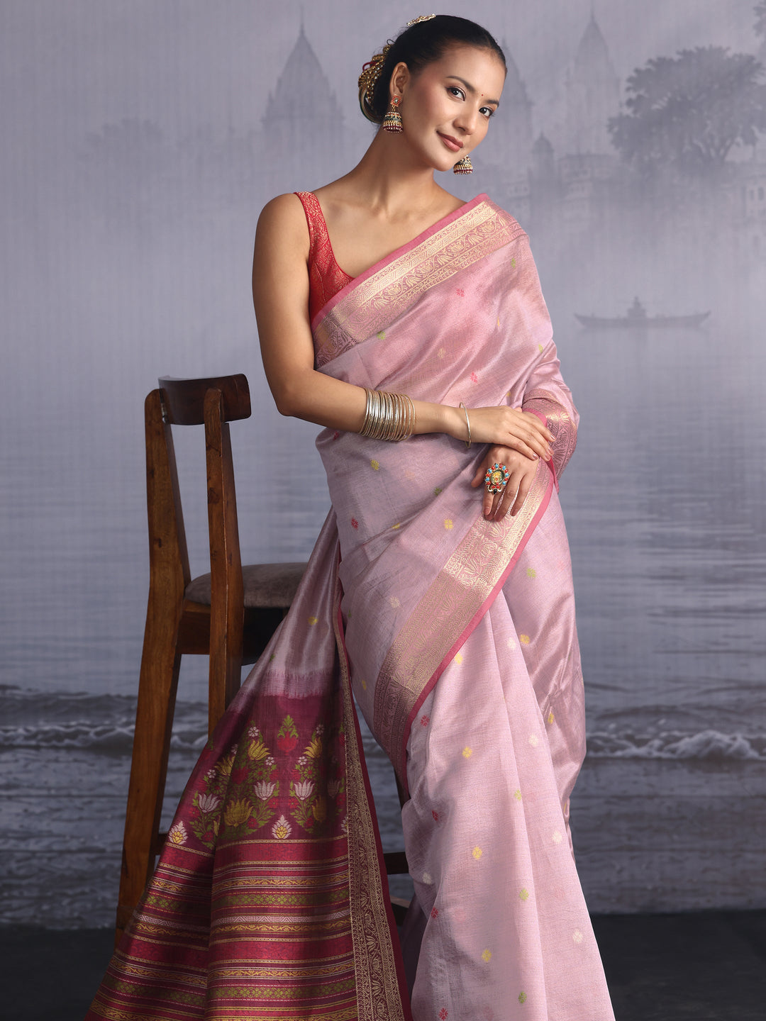 Libas Lavender Silk Blend Saree with Floral Woven Pallu