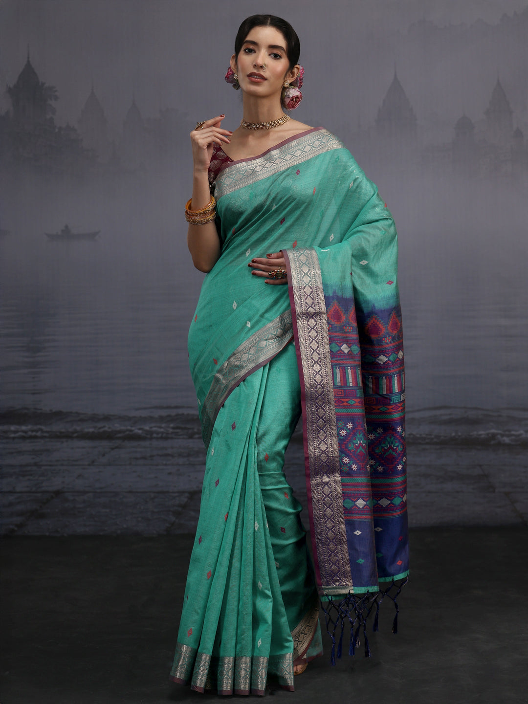 Libas Blue Woven Design Silk Blend Tassel Saree
