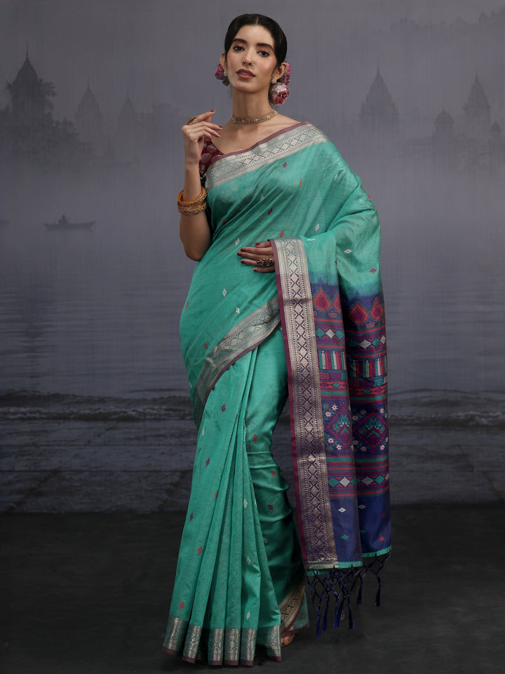 Libas Blue Woven Design Silk Blend Tassel Saree