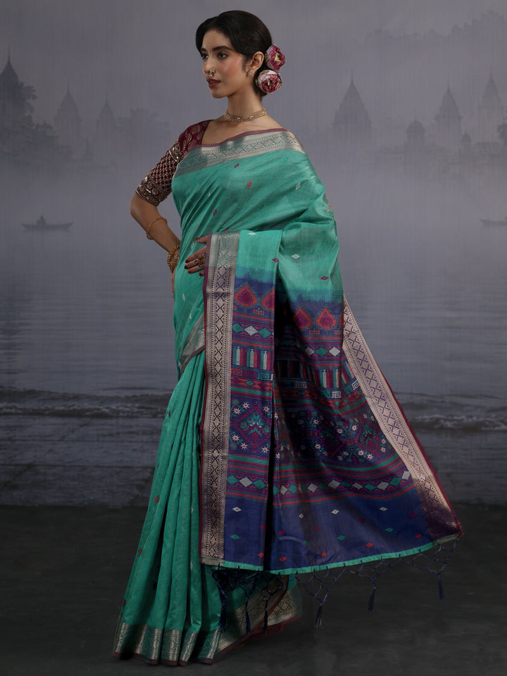 Libas Blue Woven Design Silk Blend Tassel Saree