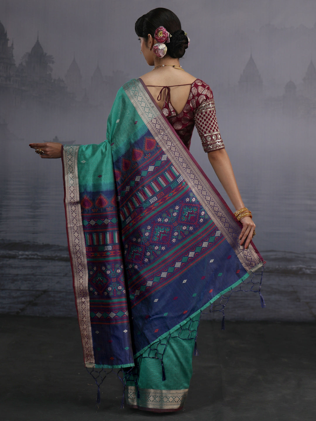 Libas Blue Woven Design Silk Blend Tassel Saree