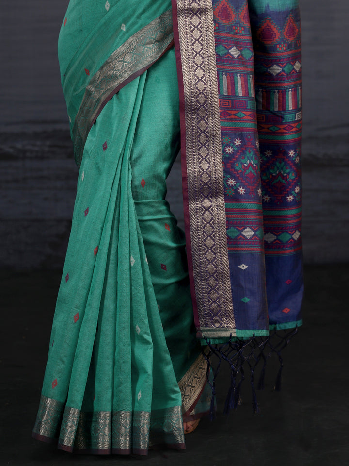 Libas Blue Woven Design Silk Blend Tassel Saree