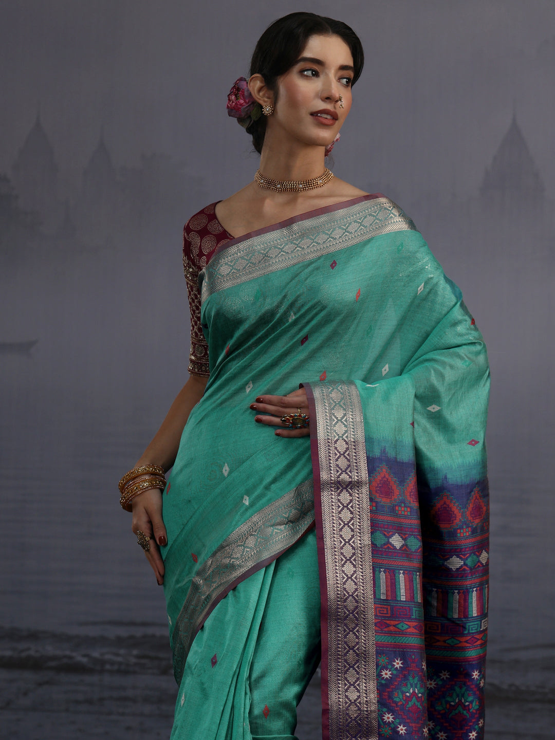 Libas Blue Woven Design Silk Blend Tassel Saree