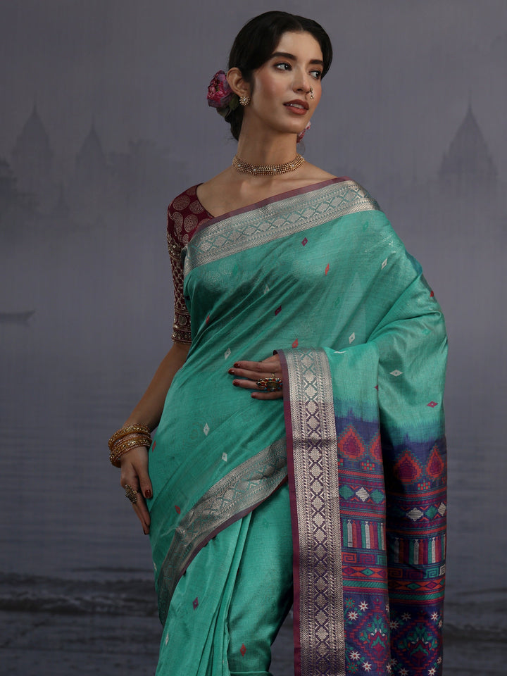 Libas Blue Woven Design Silk Blend Tassel Saree
