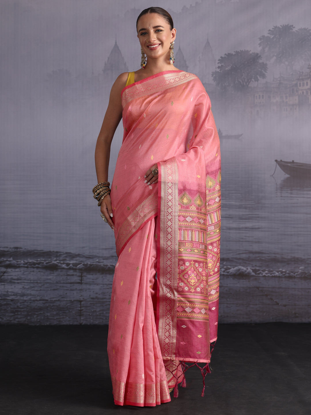 Libas Peach Embroidered Pallu Silk Blend Saree