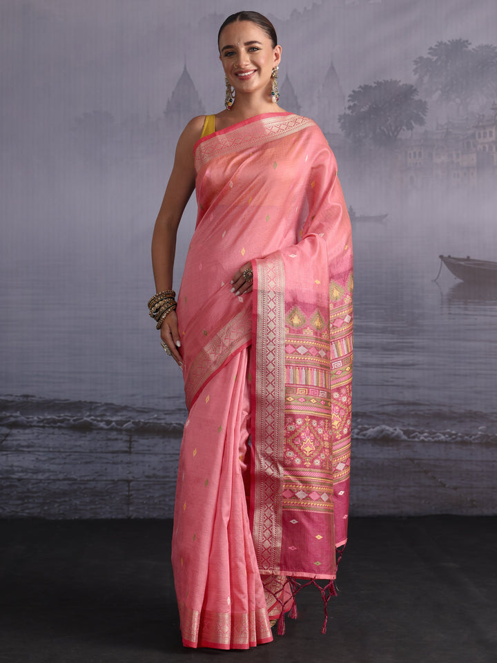 Libas Peach Embroidered Pallu Silk Blend Saree