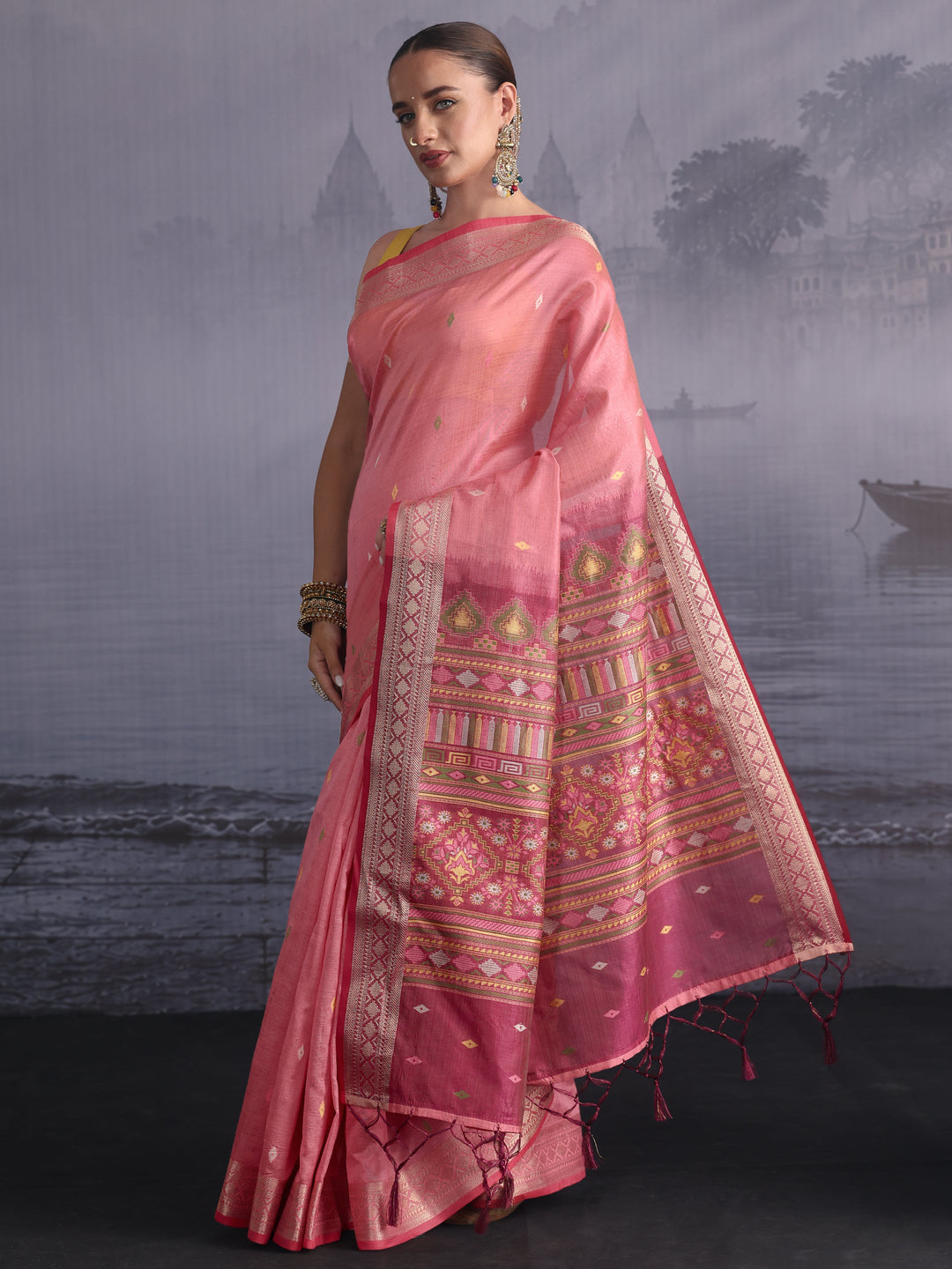 Libas Peach Embroidered Pallu Silk Blend Saree