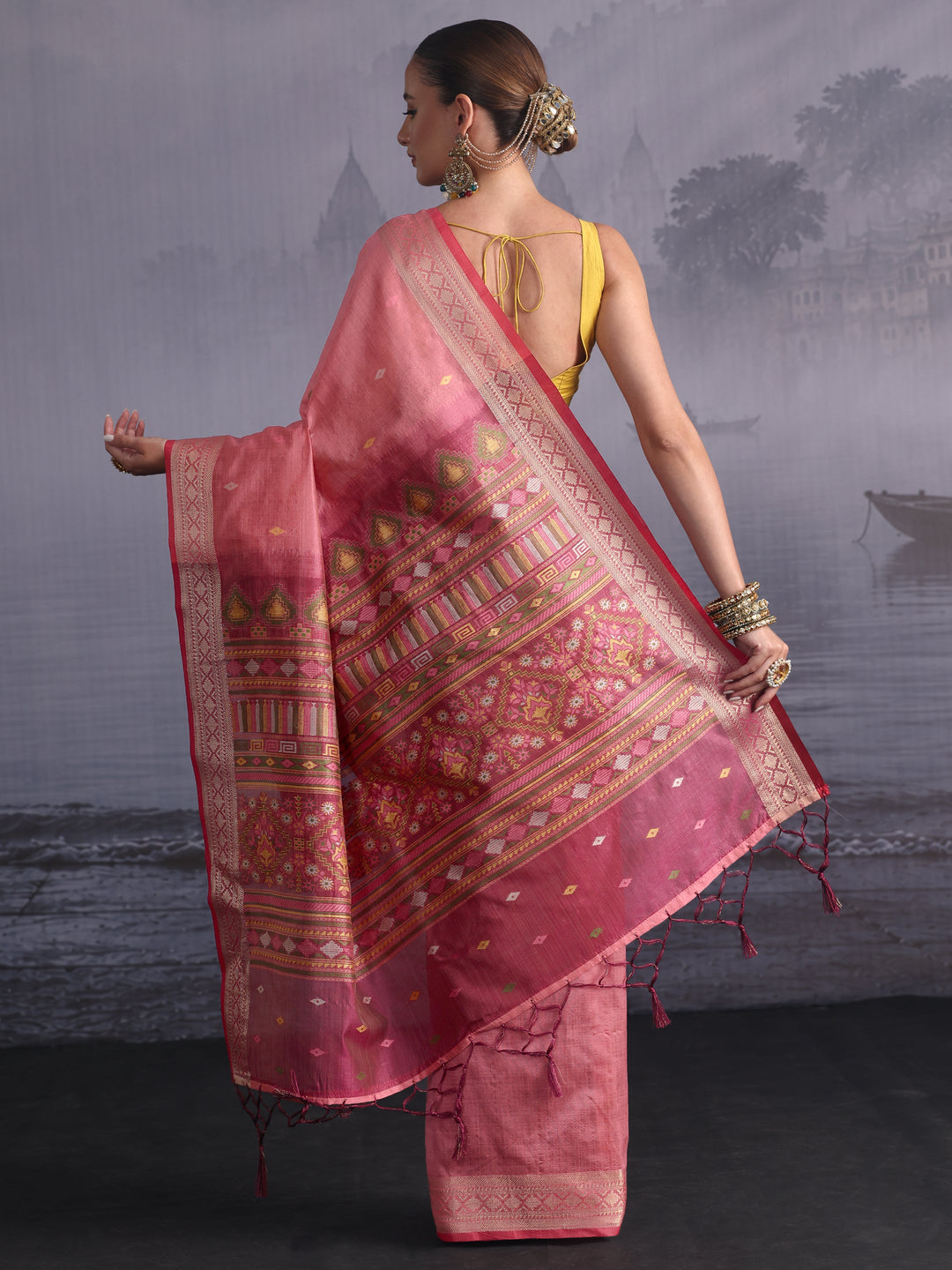 Libas Peach Embroidered Pallu Silk Blend Saree