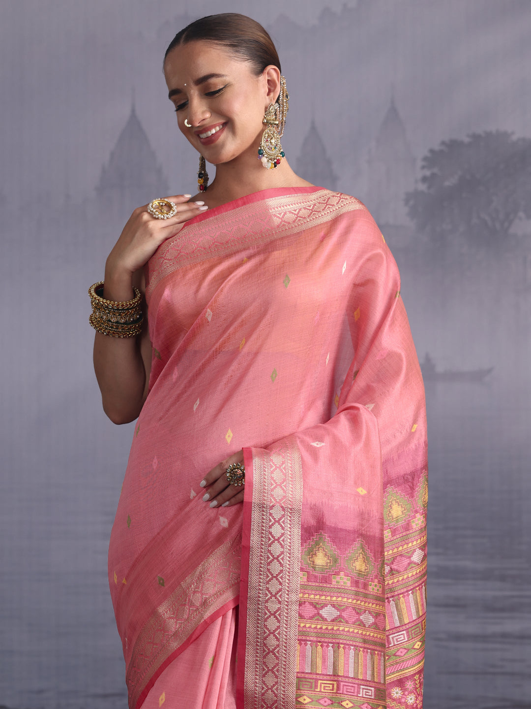 Libas Peach Embroidered Pallu Silk Blend Saree