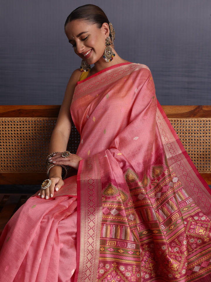 Libas Peach Embroidered Pallu Silk Blend Saree