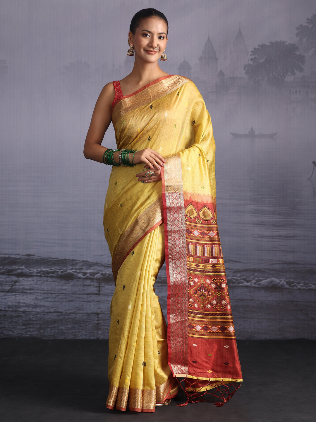 Libas Yellow Embroidered Pallu Silk Blend Saree