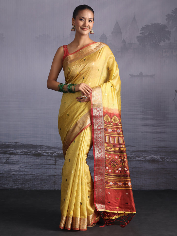 Libas Yellow Embroidered Pallu Silk Blend Saree