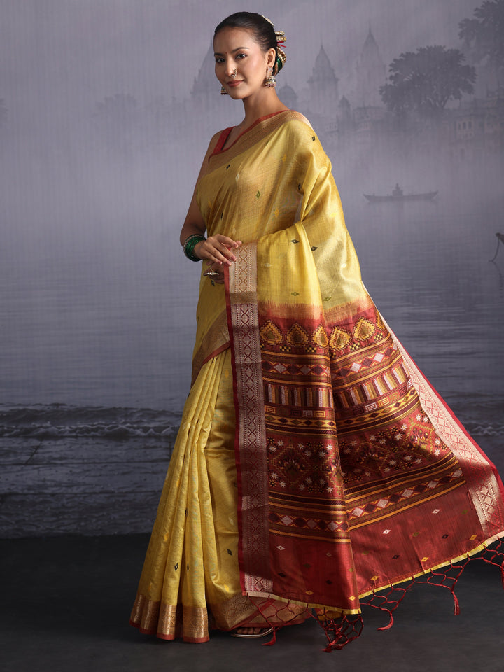 Libas Yellow Embroidered Pallu Silk Blend Saree