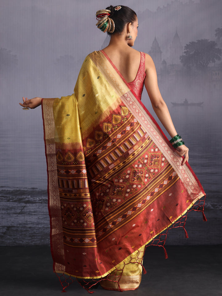 Libas Yellow Embroidered Pallu Silk Blend Saree