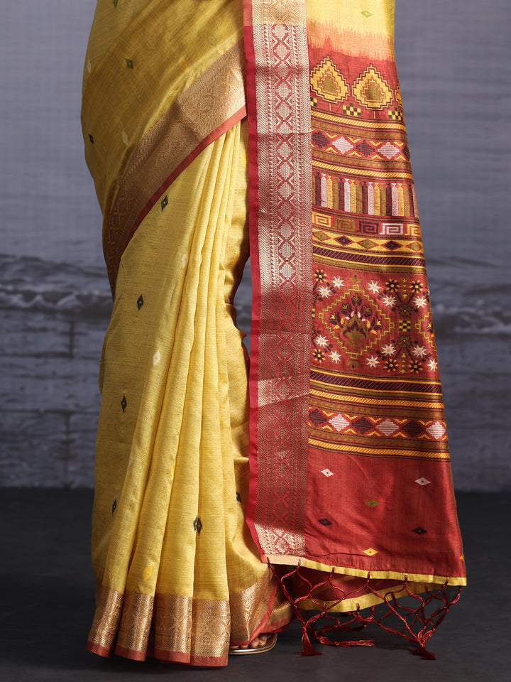 Libas Yellow Embroidered Pallu Silk Blend Saree