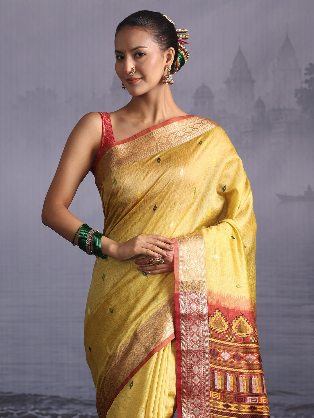 Libas Yellow Embroidered Pallu Silk Blend Saree