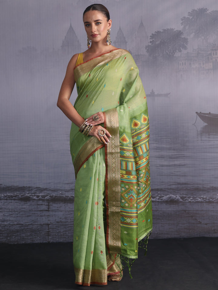 Libas Green Embroidered Pallu Silk Blend Saree