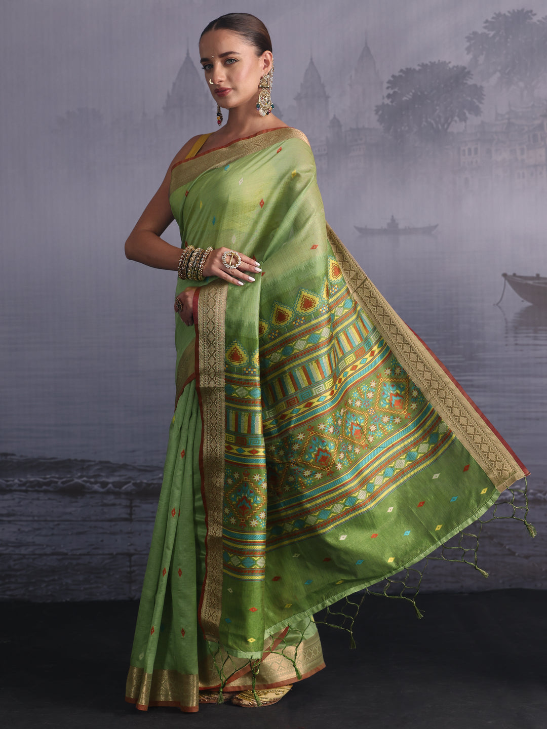 Libas Green Embroidered Pallu Silk Blend Saree