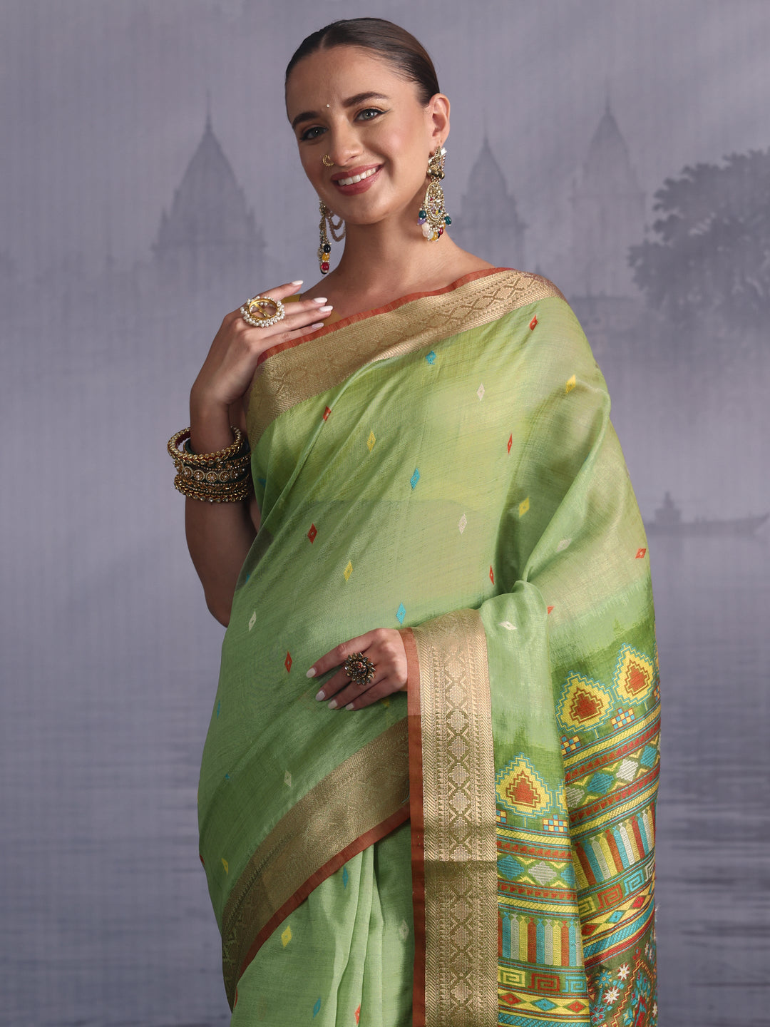 Libas Green Embroidered Pallu Silk Blend Saree