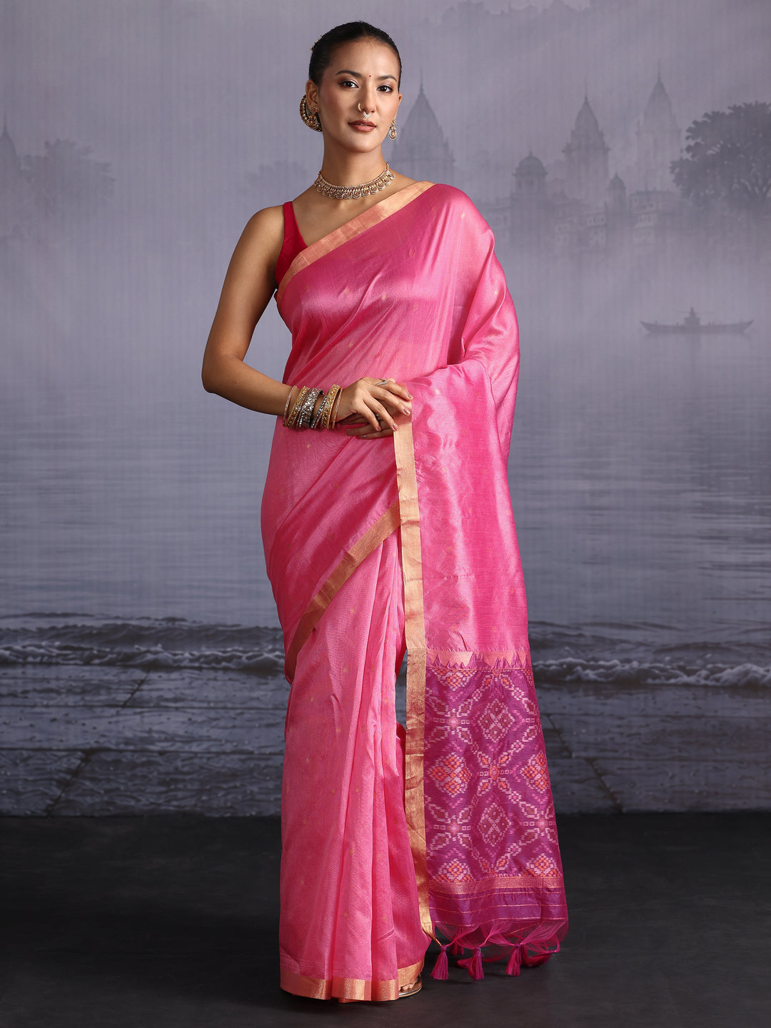 Libas Pink Bandhani Print Pallu Silk Blend Tassel Saree