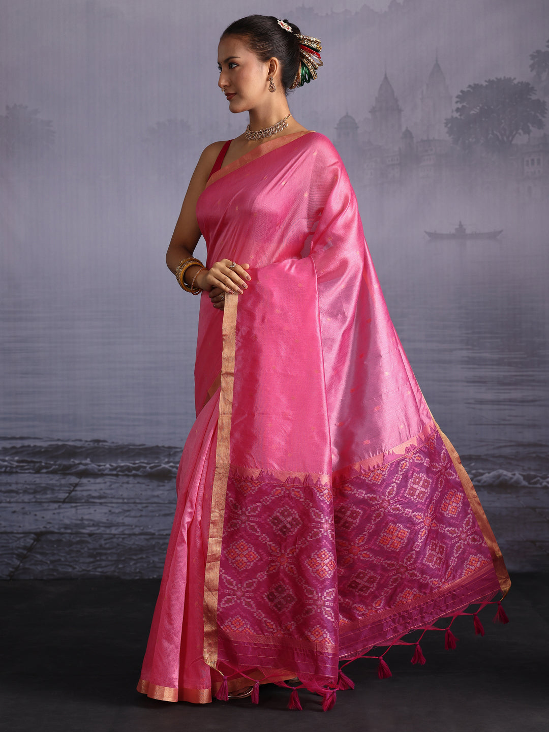 Libas Pink Bandhani Print Pallu Silk Blend Tassel Saree