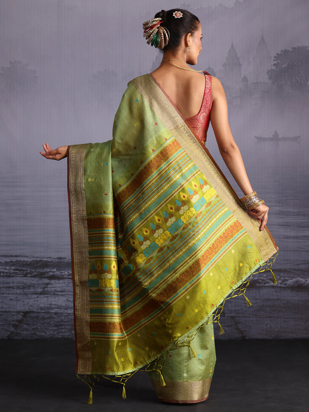 Libas Green Jacquard Woven Design Silk Blend Saree