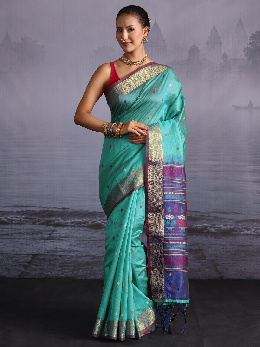 Libas Turquoise Blue Jacquard Woven Design Silk Blend Saree