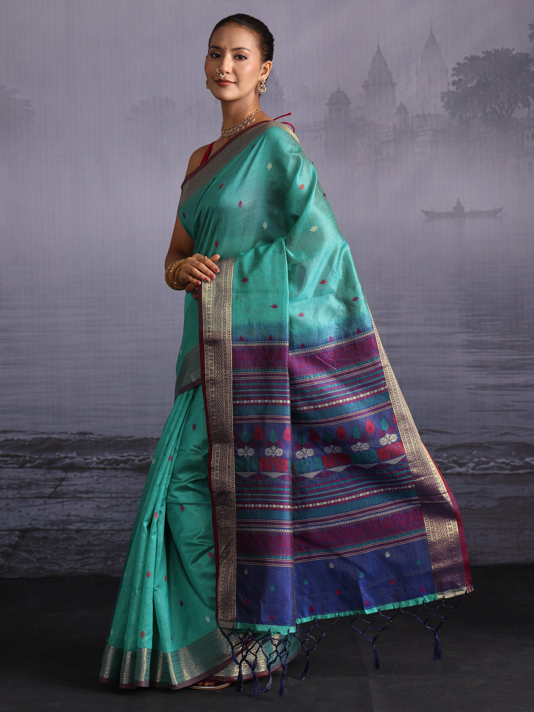 Libas Turquoise Blue Jacquard Woven Design Silk Blend Saree