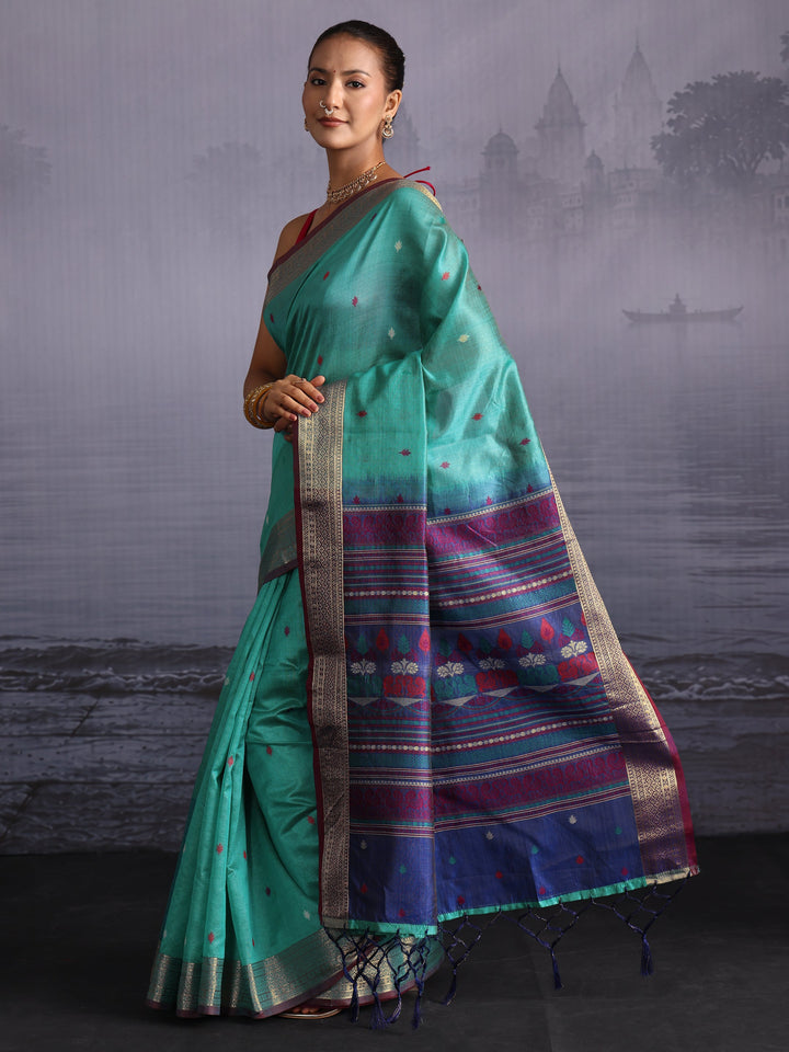 Libas Turquoise Blue Jacquard Woven Design Silk Blend Saree