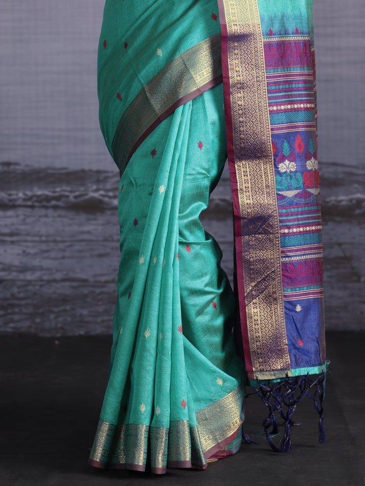 Libas Turquoise Blue Jacquard Woven Design Silk Blend Saree