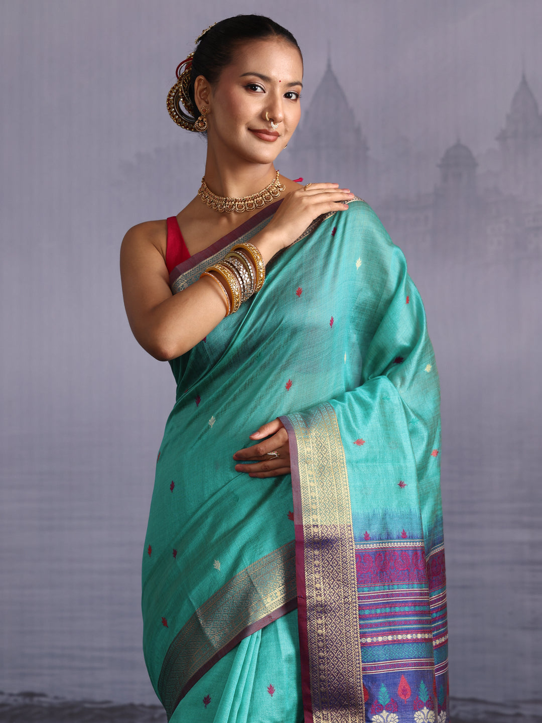 Libas Turquoise Blue Jacquard Woven Design Silk Blend Saree