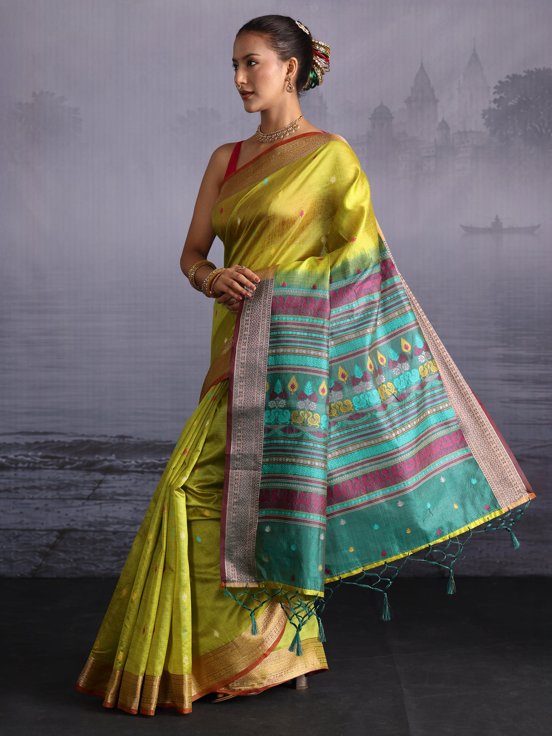 Libas Lime Green Jacquard Woven Design Silk Blend Saree