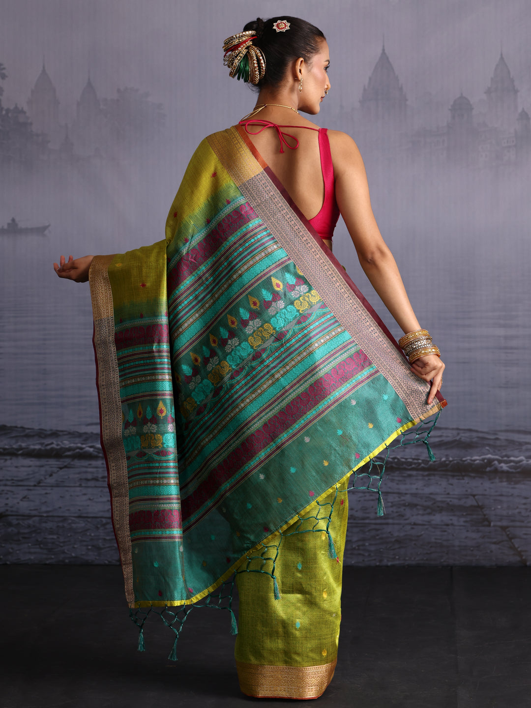 Libas Lime Green Jacquard Woven Design Silk Blend Saree