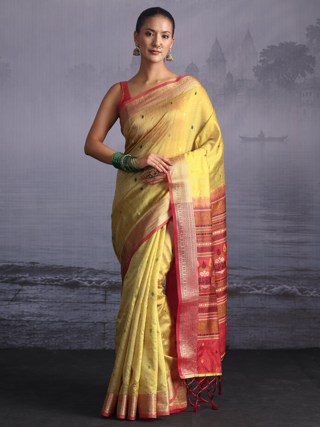 Libas Yellow Jacquard Woven Design Silk Blend Saree
