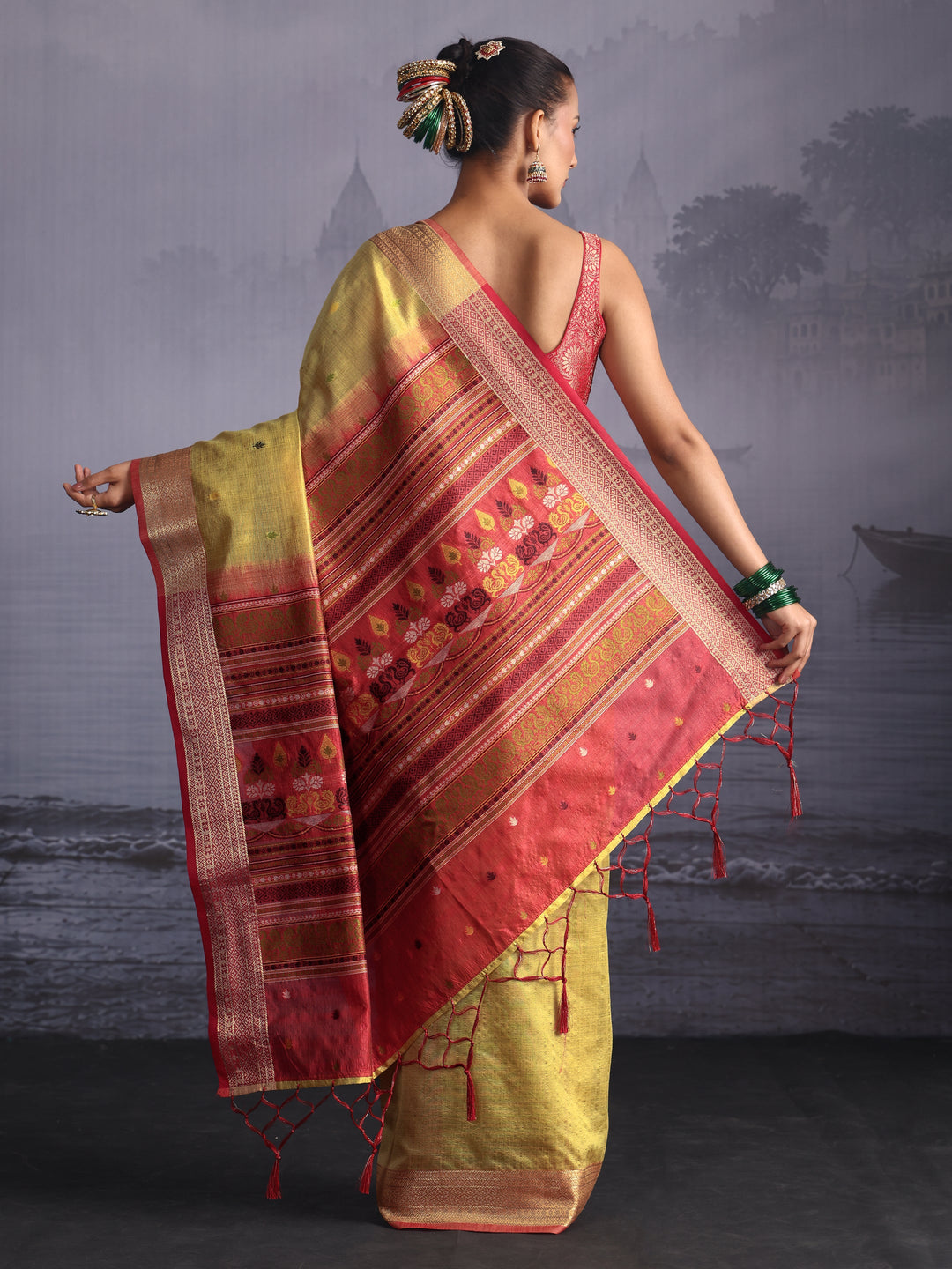 Libas Yellow Jacquard Woven Design Silk Blend Saree